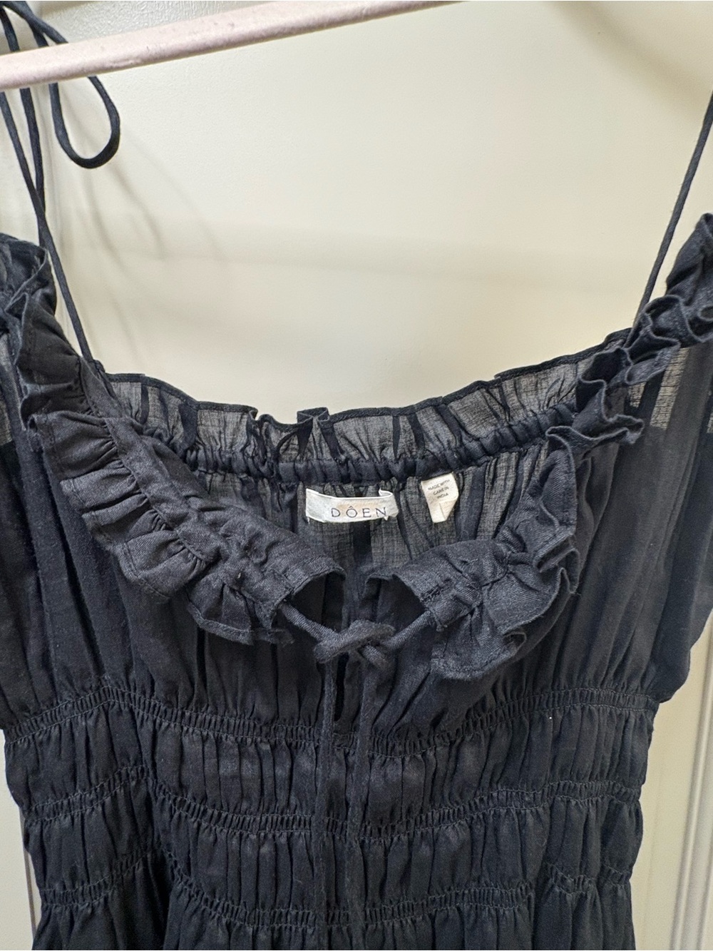 Doen Black Smocked Tie-Front Sundress with Ruffle Trim
